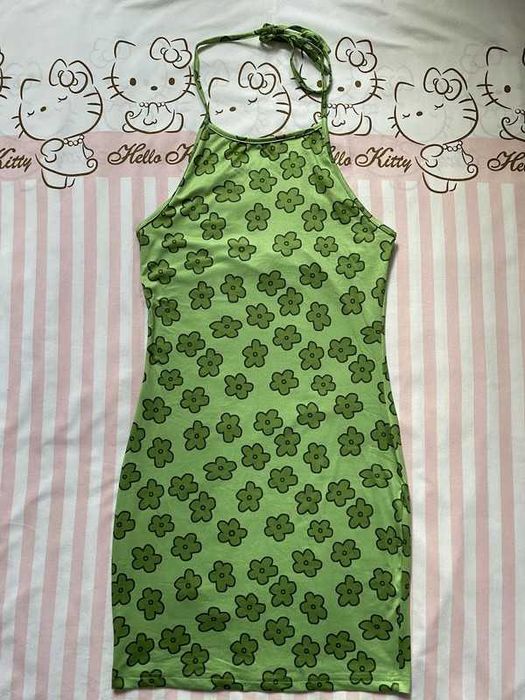 Zielona przylegająca wiązana na szyi sukienka w kwiatki Shein S/M/L