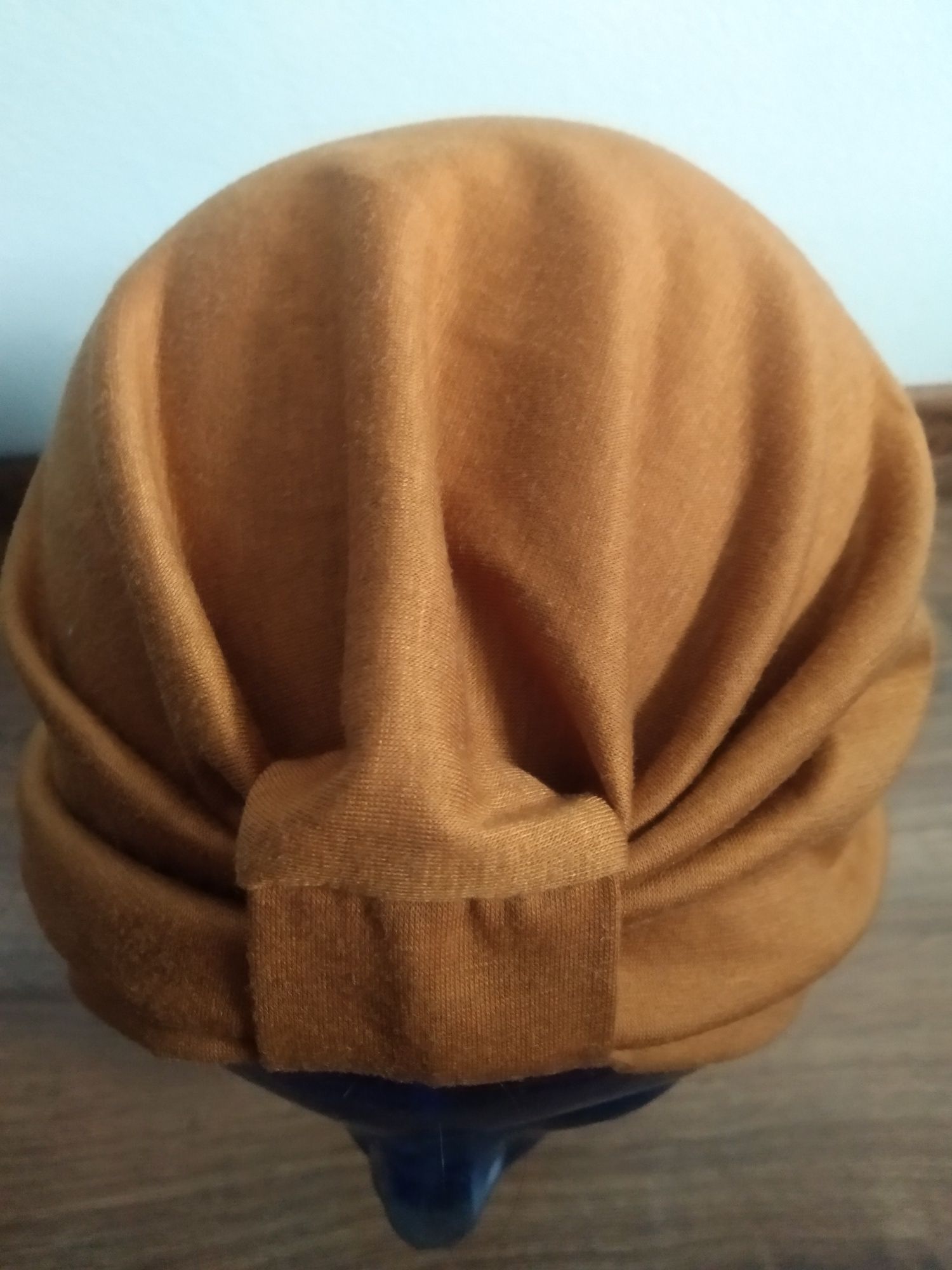 Rudy brązowy musztardowy turban czapka kapelusz czepek
