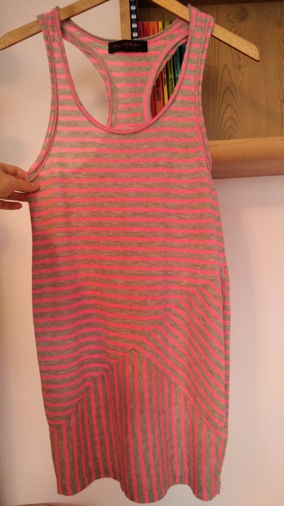 Letnia krótka sukienka tunika paski szaro-różowa Na plażę S 36