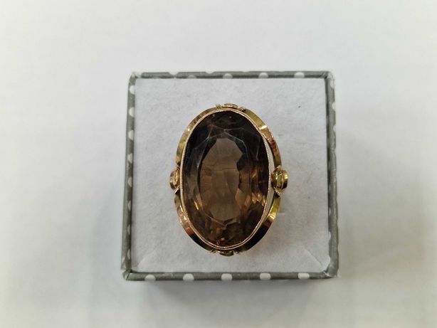 Złoty pierścionek damski/ 585/ 10.04 g/ Kwarc dymny/ praca ręczna/ R15