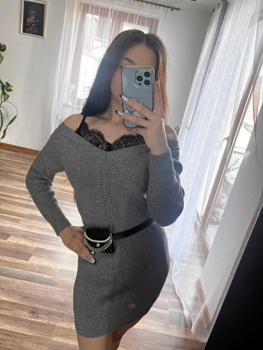 Sweter długi z koronką koronkowy szary sukienka XS/S z WEŁNĄ