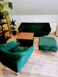 Zestaw Sofa 3-os, fotel, podnóżek BUTELKOWA ZIELEŃ styl skandynawski