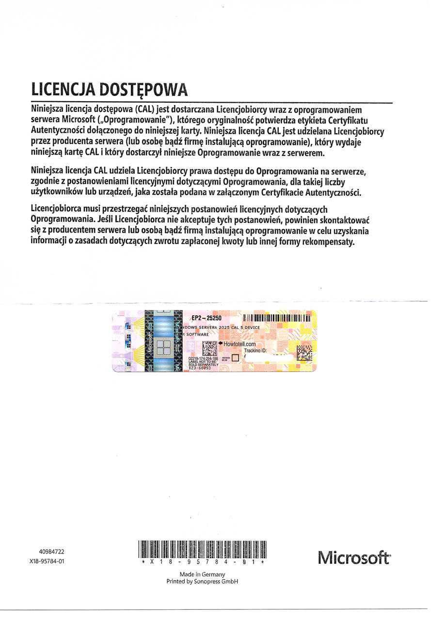 MS OEM Windows Server CAL 2025 1pk DSP OEI 5 Clt Device CAL (PL)