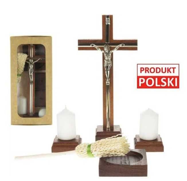 Drewniany ZESTAW KOMPLET KOLĘDOWY kropidło krzyż lichtarz