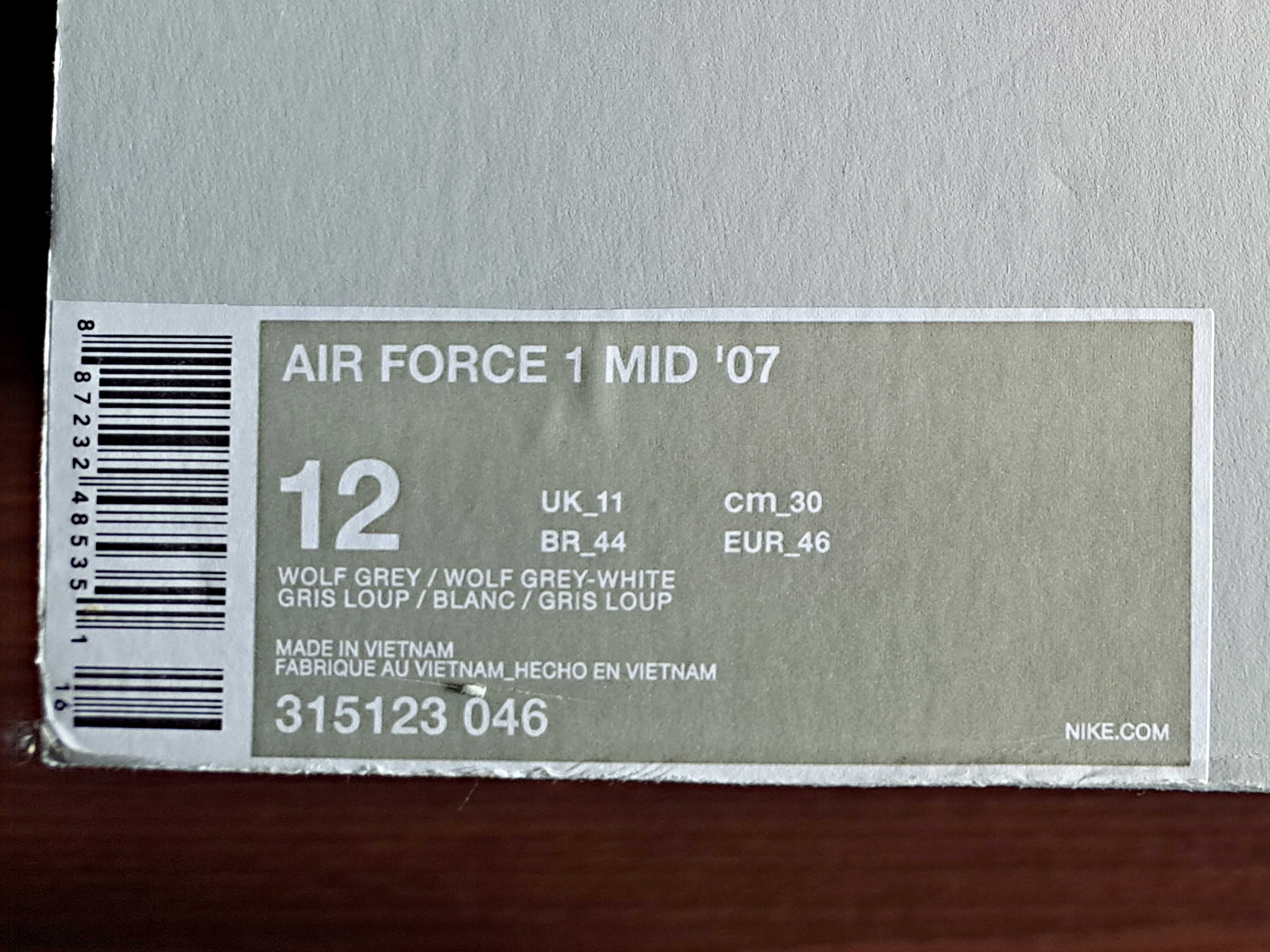 Nike Air Force 1 MID '07 WOLF GREY, UK 11, EUR 46