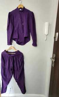 fioletowy zwiewny komplet bluzka i spodnie haremki alladynki S/M