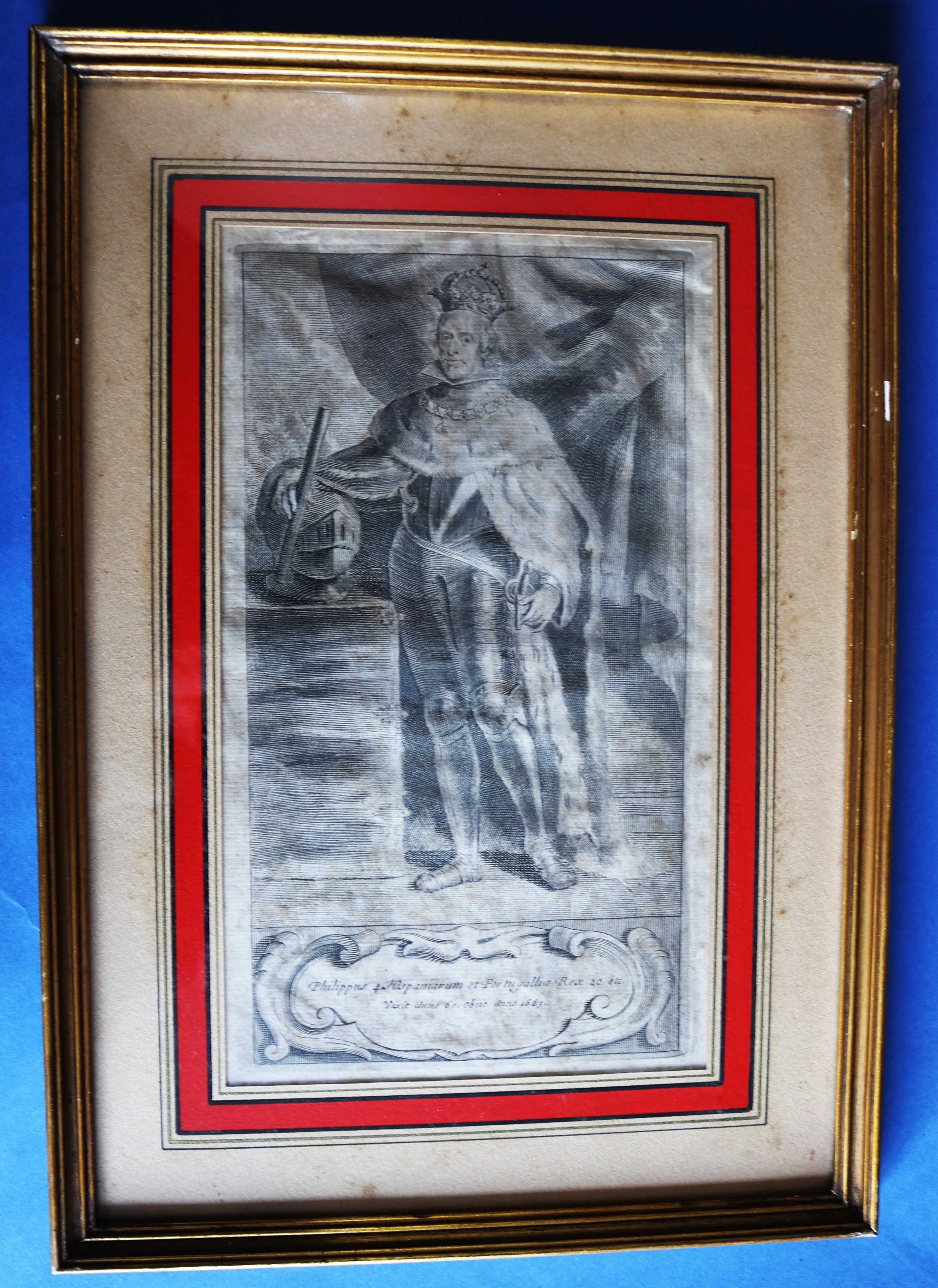 Rei Filipe III, IV de Espanha, gravura 1730 emoldurada