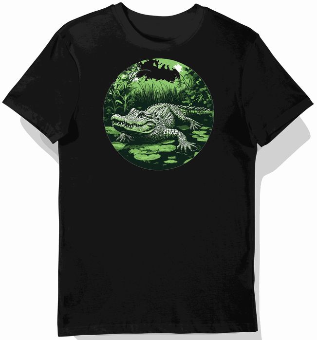 Koszulka męska czarna z motywem krokodyla na tle zielonego pola S