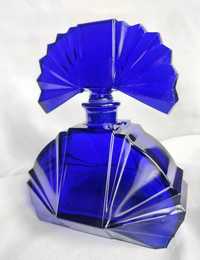 Kolekcjonerska karafka Art Deco szklana kobaltowa korek wachlarz