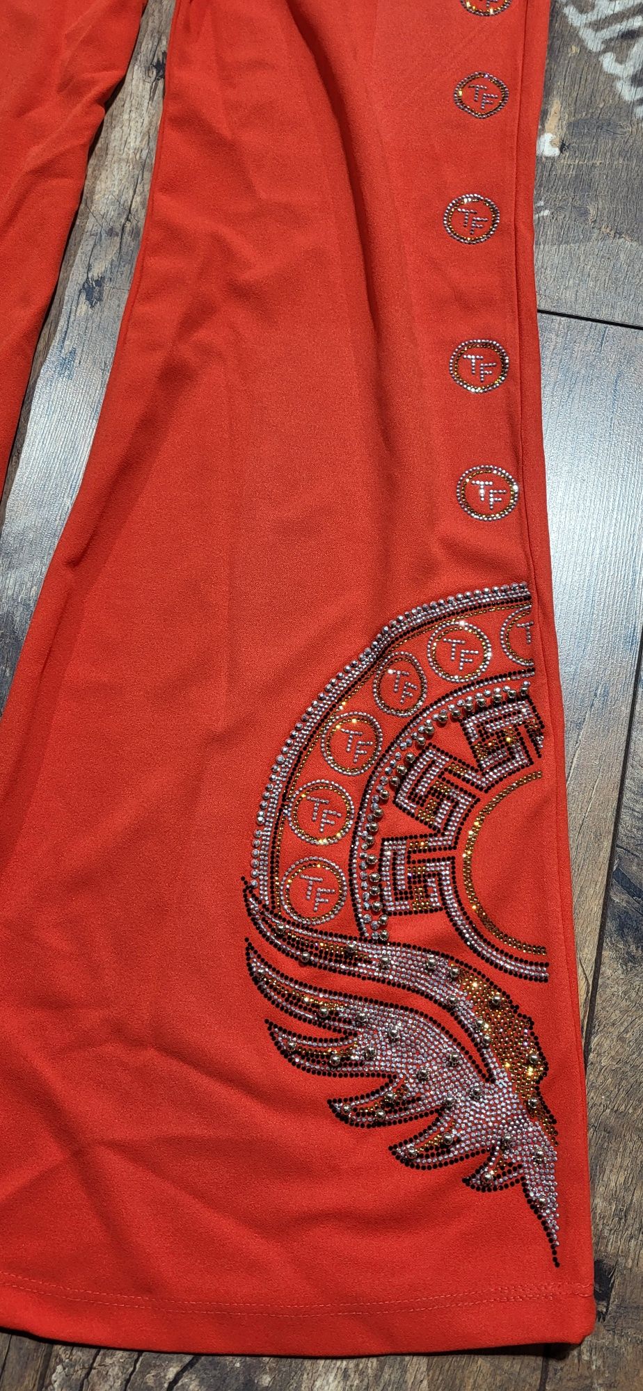 Ekskluzywny komplet tatu elegancki top spodnie cyrkonie S
