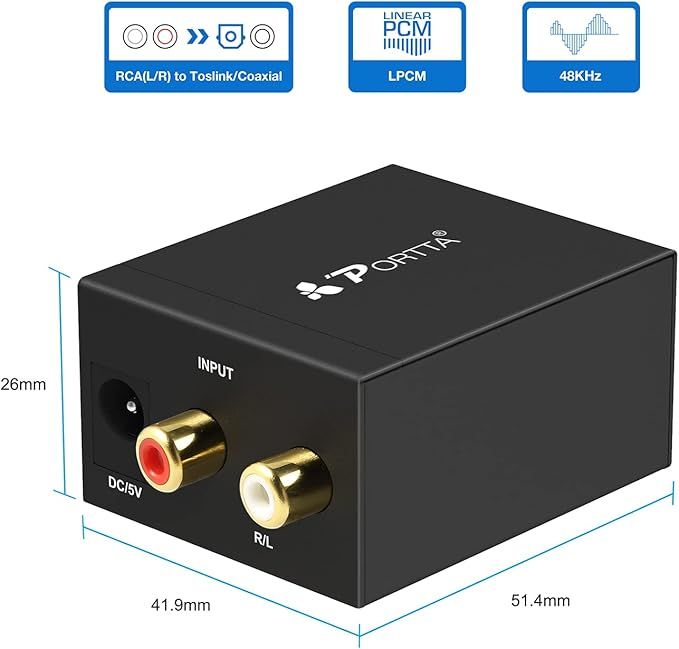 Konwerter audio PORTTA RCA do SPDIF, Toslink, Coaxial, 2-kanałowy