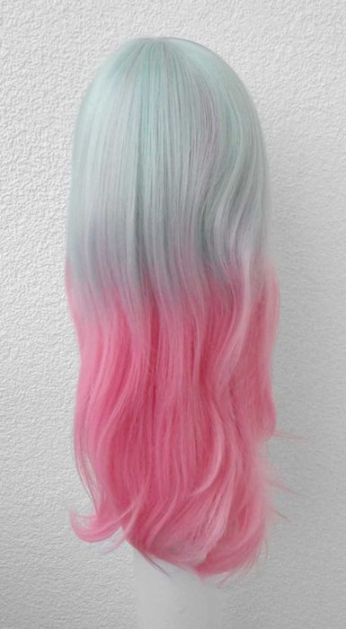 Ombre różowa zielona dwukolorowa peruka wig cosplay długa prosta