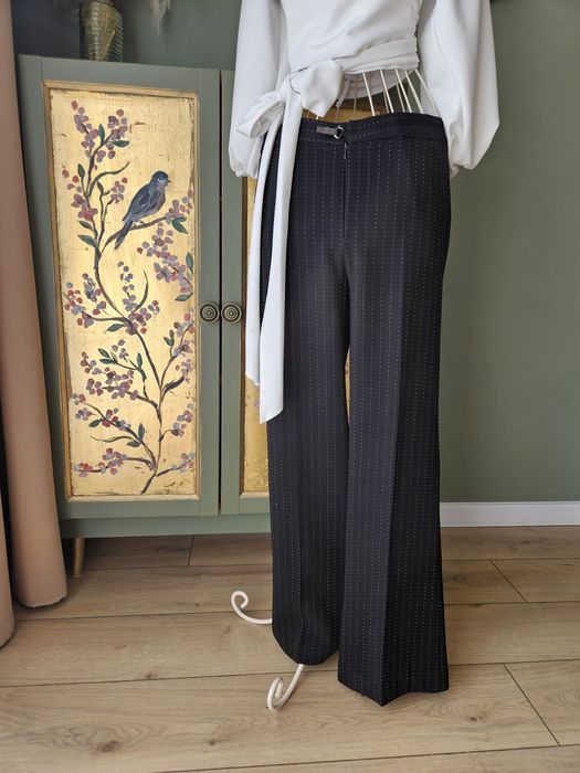 Eleganckie Spodnie damskie Czarne w Biały Prążek Proste Szerokie Nogaw