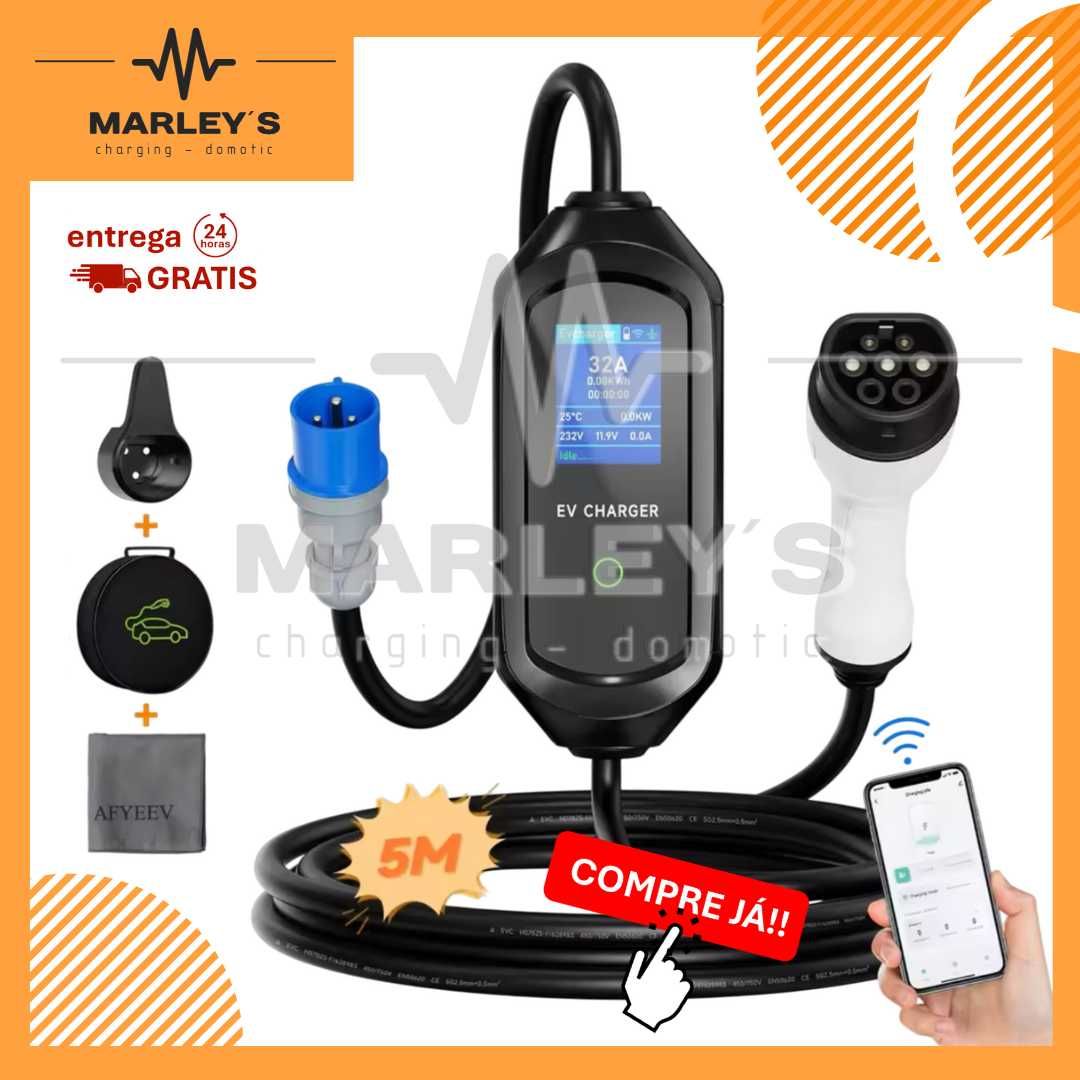 Carregador Portátil 7 kw - 32A - C/ APP - c/ Bolsa e Suporte Cabo