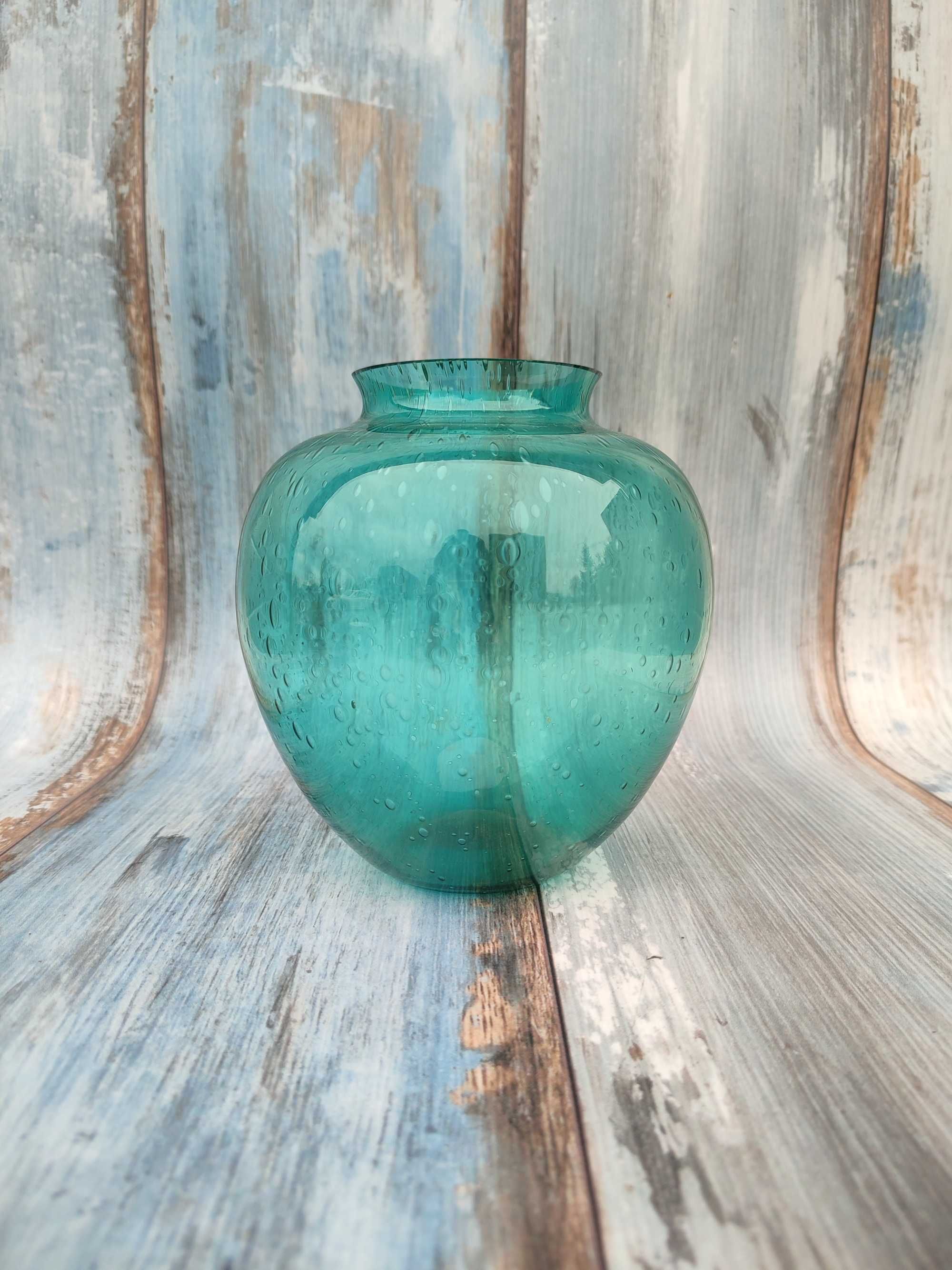 Szklany wazon Turkusowy - szkło z bombelkami lata 60/70 Vintage