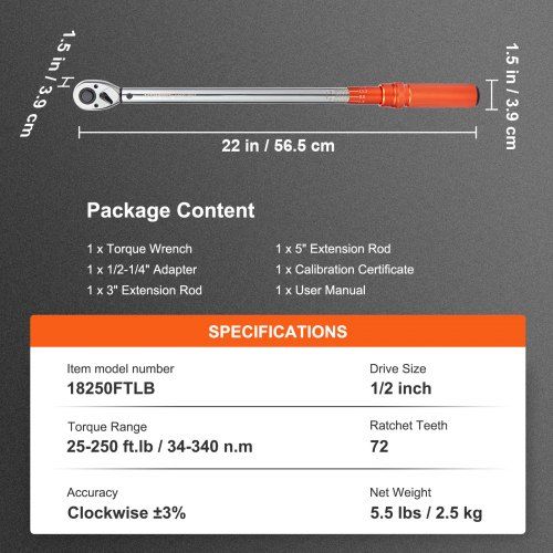 Chave de torque  1/2", conjunto de chave de torque de 34-340Nm