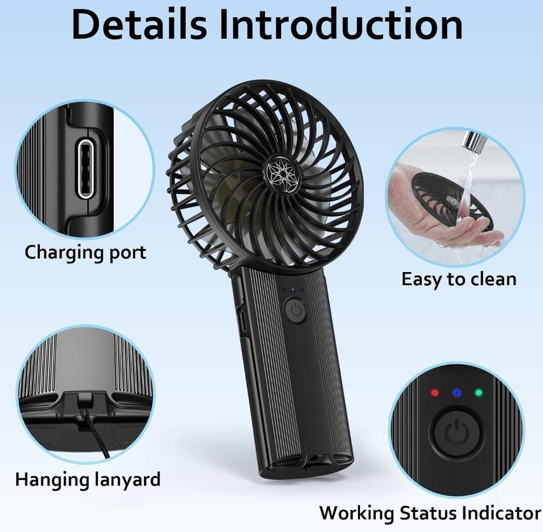 Wastou Wentylator ręczny, ładowany przez USB, cichy mini wentylator,