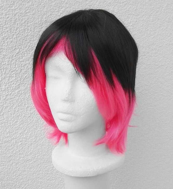 Emo czarna różowa ombre gradient krótka peruka z grzywką cosplay wig