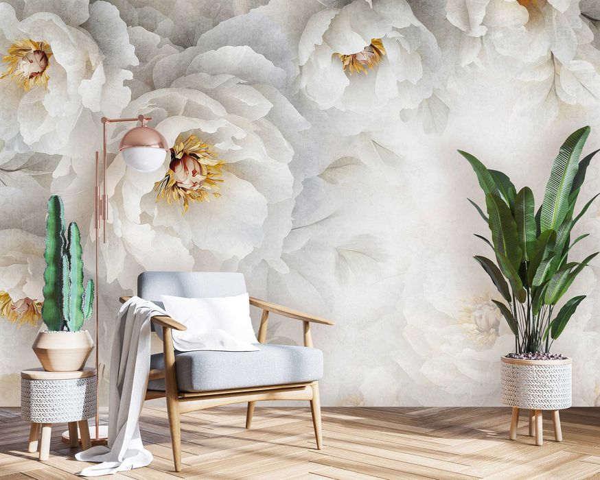 Fototapeta Biały Kwiat Porcelana Złoto Beż 3D Twój Rozmiar + KLEJ