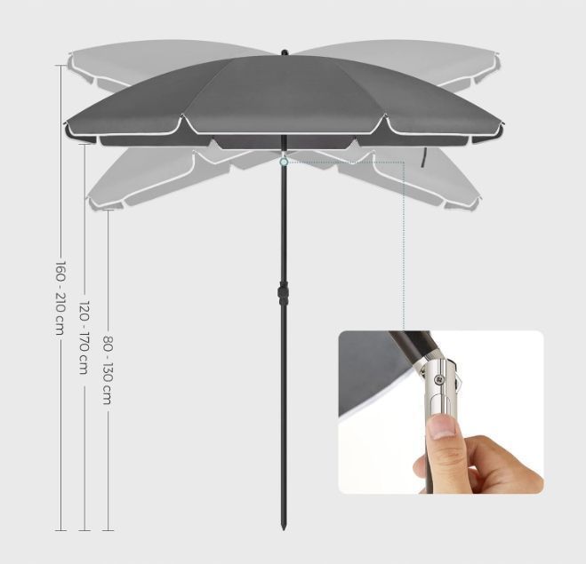 Songmics Parasol Na Plażę, Ø 160 Cm, Parasol Ogrodowy Gpu060G01 Szary