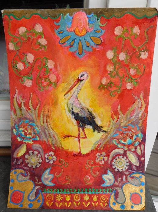 Obraz tempera A3 bocian w stylu ludowym