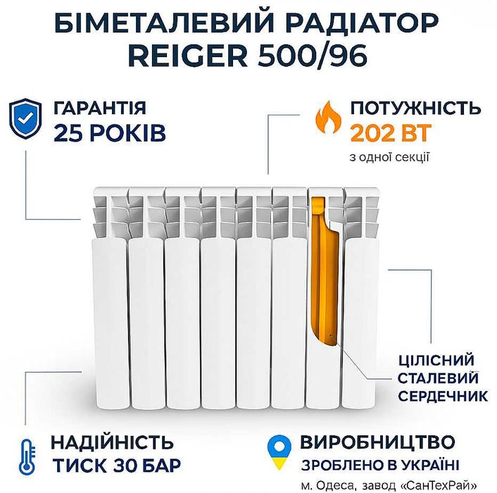 Біметалевий радіатор Reiger 500/96 (Mirado) 202 Вт. Гарантія 25 років!