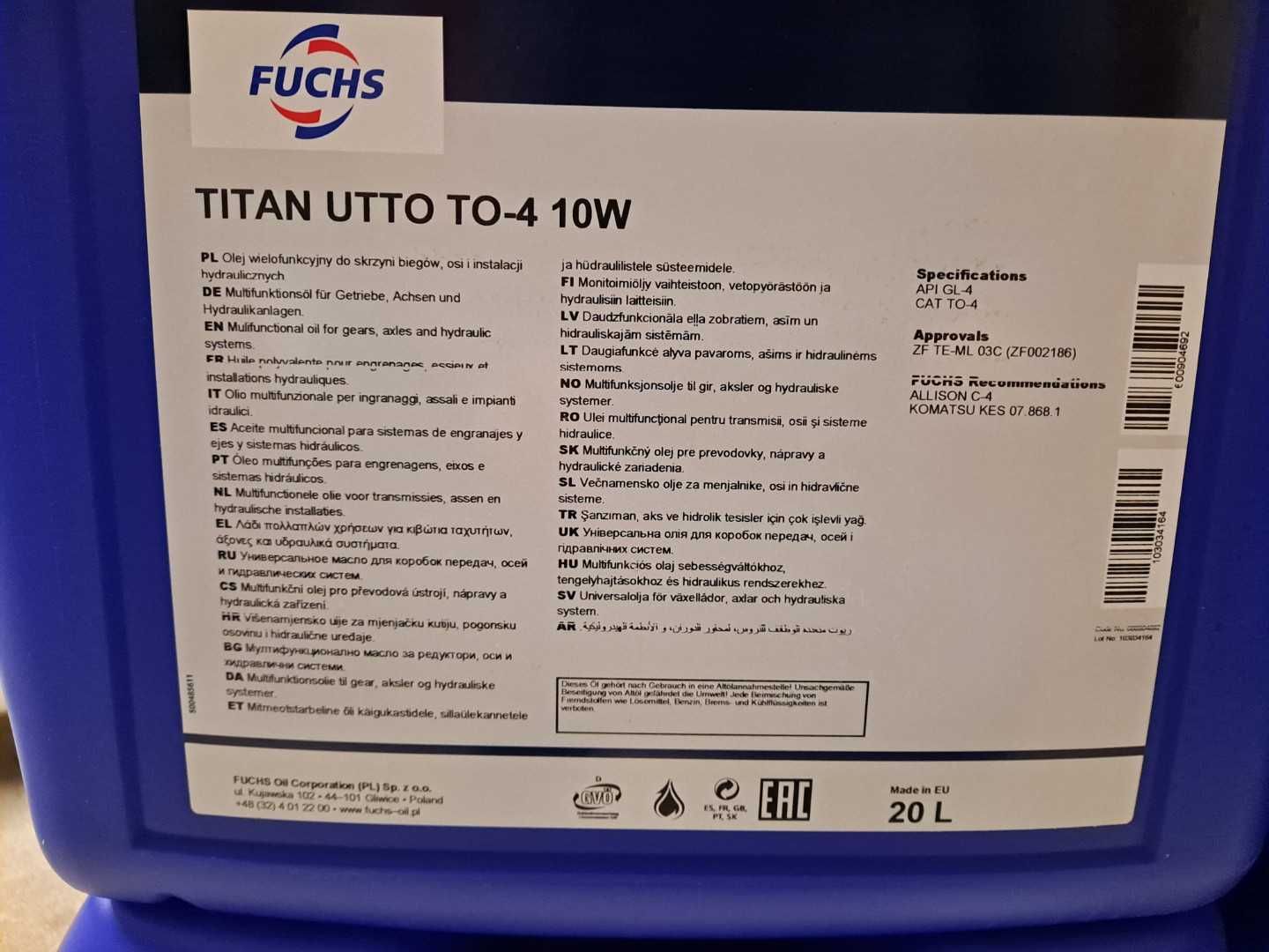 olej fuchs titan utto TO-4 10w 20L. + FILTR