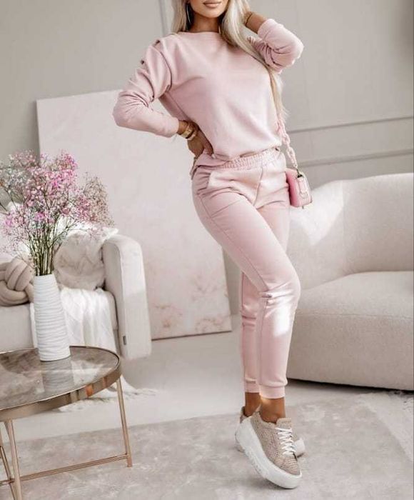 Komplet Dresowy Damski z Marszczeniami pudrowy róż spodnie+bluza r.XL