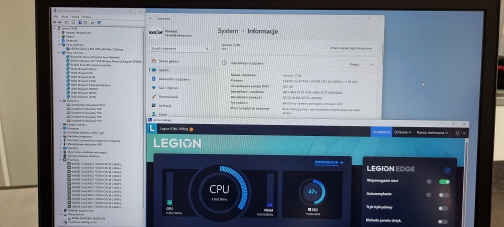 Lenovo legion 17 cali Y740 G-sync 144hz i7 RTX 2070 16gb 256GB