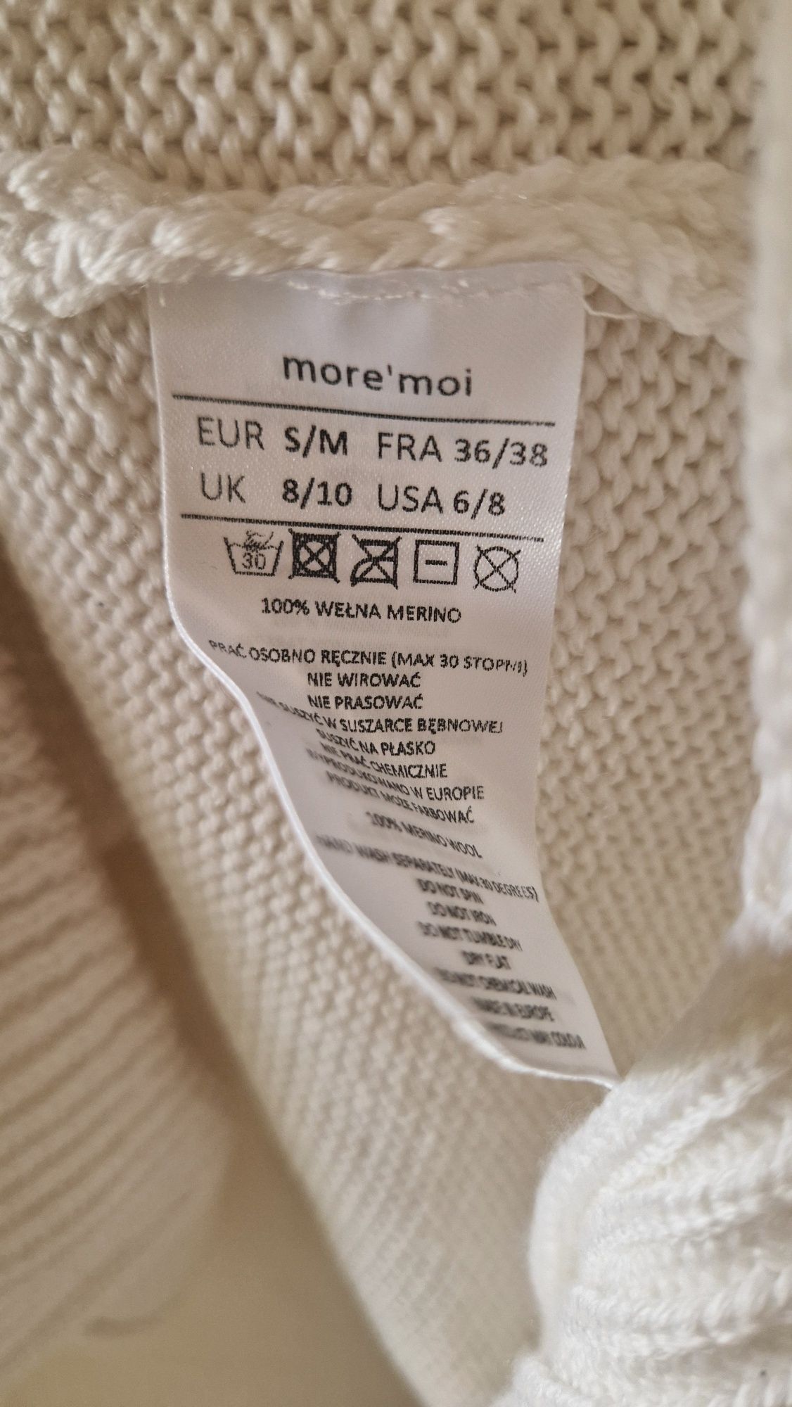Sweter more'moi more moi s 36 m 38 oversize merino śmietankowy