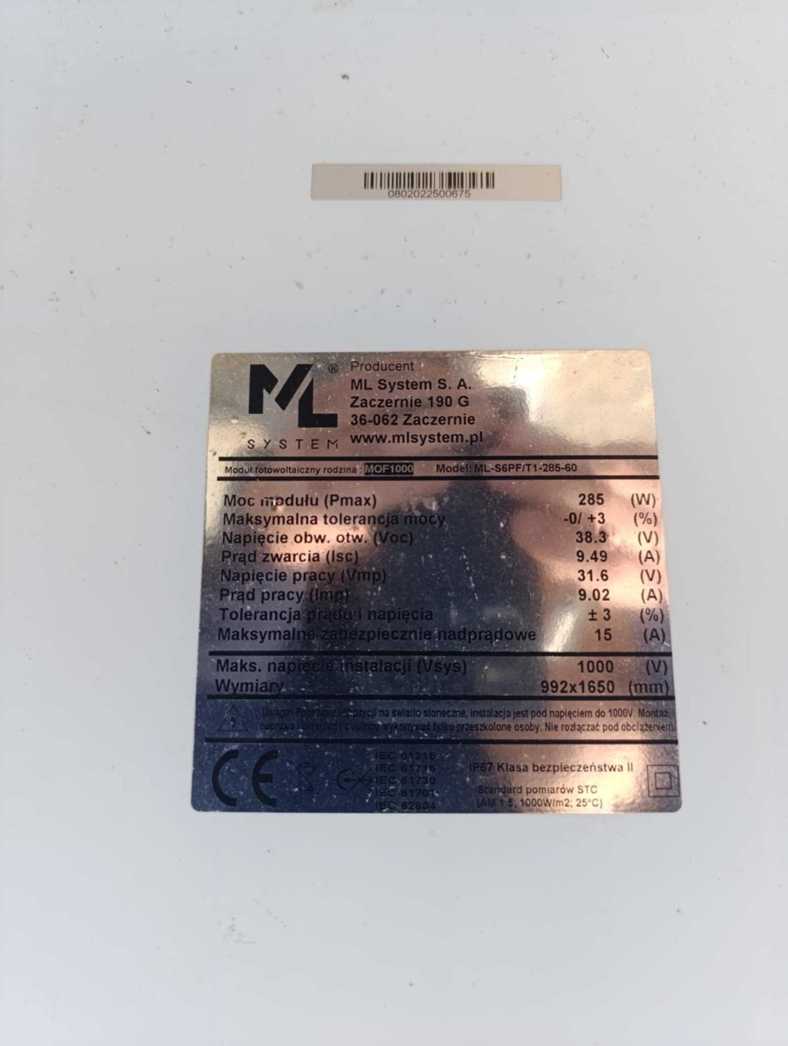 ML SYSTEM  ML-S6PF/T1-285-60 Panele fotowoltaiczne