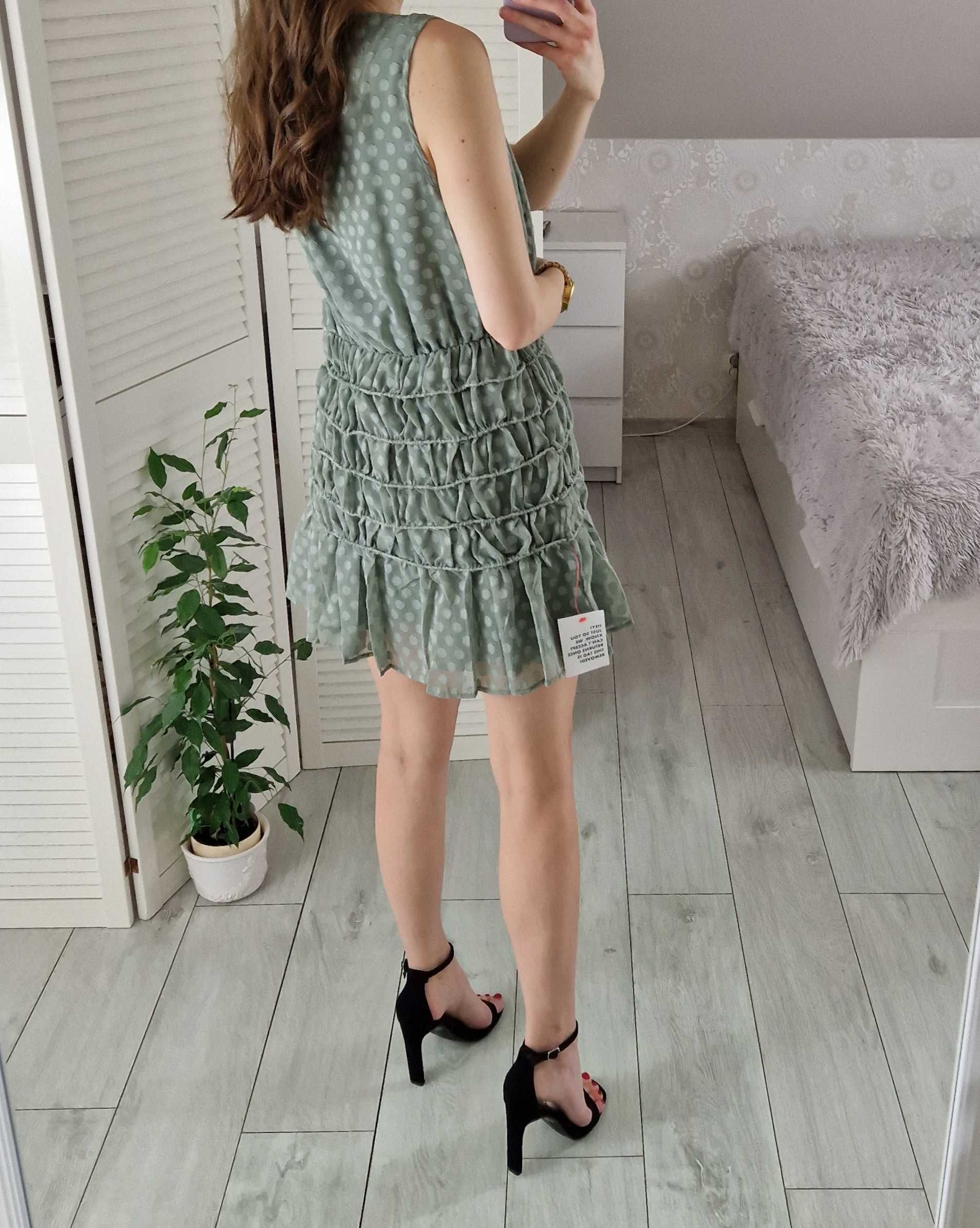 Asos miętowa marszczona sukienka mini w groszki szyfonowa 38 M