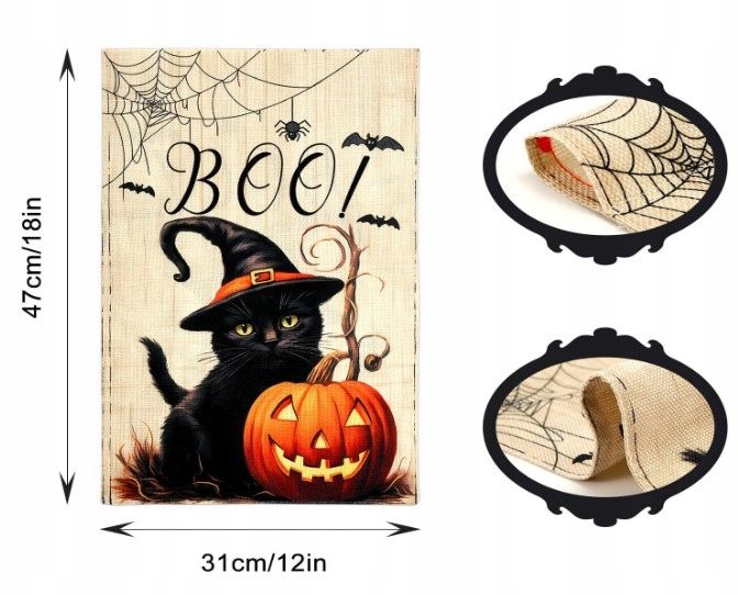 Płótno z Obrazkiem Dekoracja na Halloween Jutowe z Czarnym Kotem
