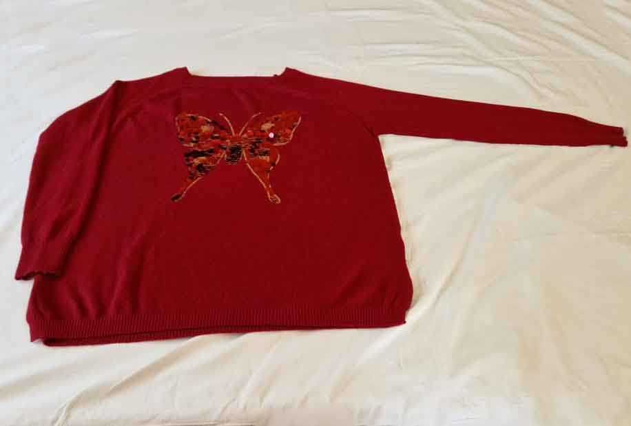 Camisola de malha bordeaux com borboleta em lantejoulas