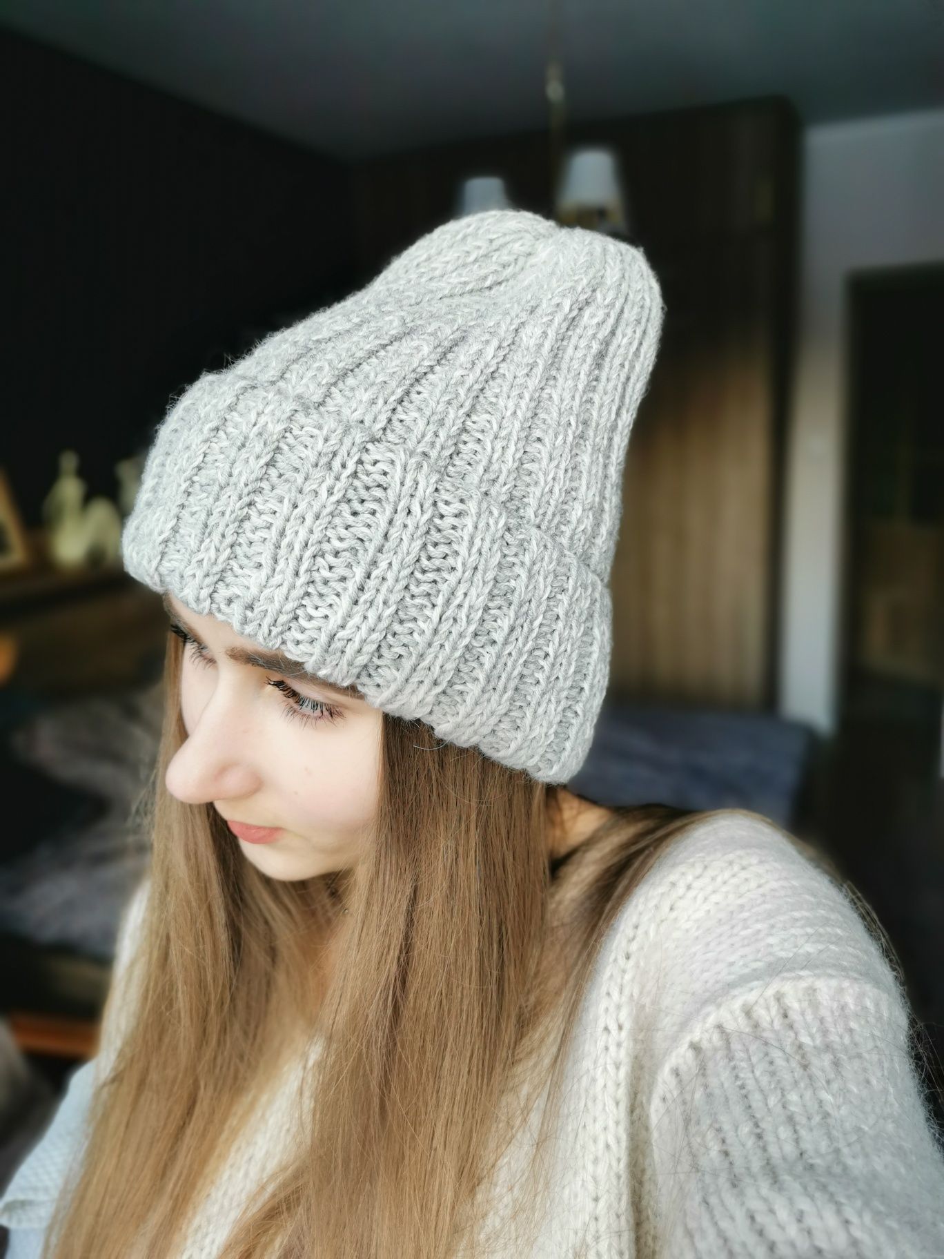 Szara czapka handmade ręcznie robiona wełna merino i alpaka