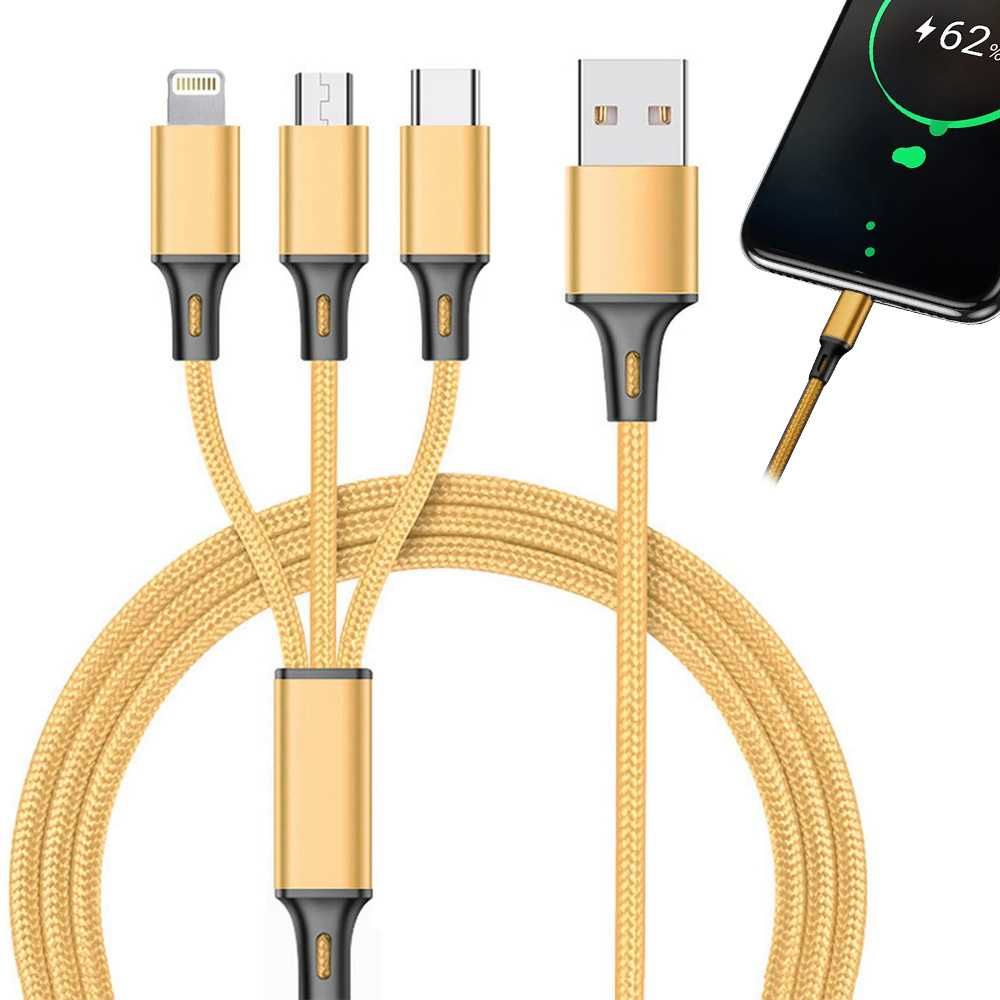 Kabel usb 1,2m do telefonu 3w1 lightning-iPhone micro usb usb-c