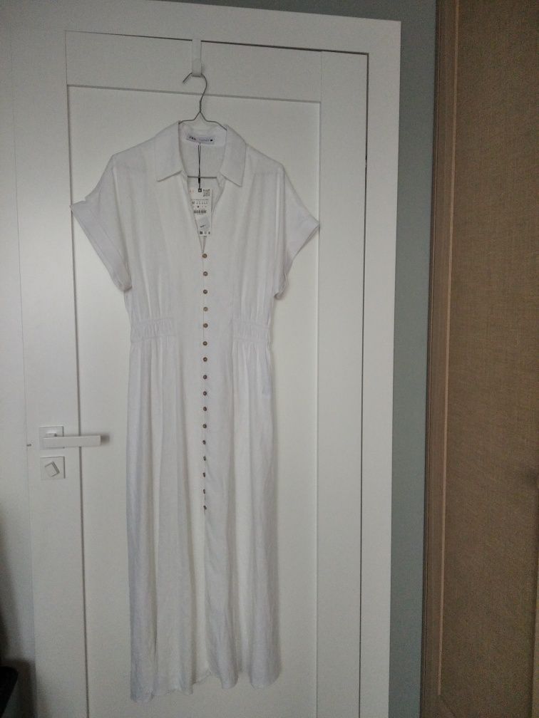 zara biała sukienka Midi len wiskoza 34 XS