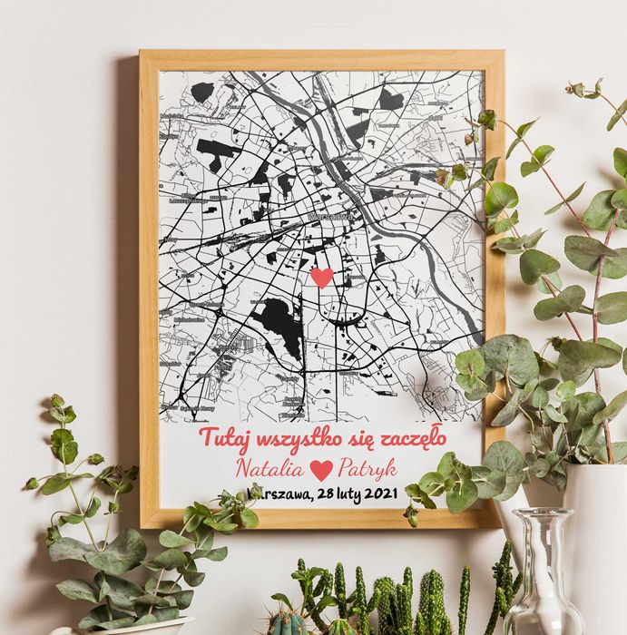 Prezent na walentynki / rocznicę! Plakat z mapą w ramce