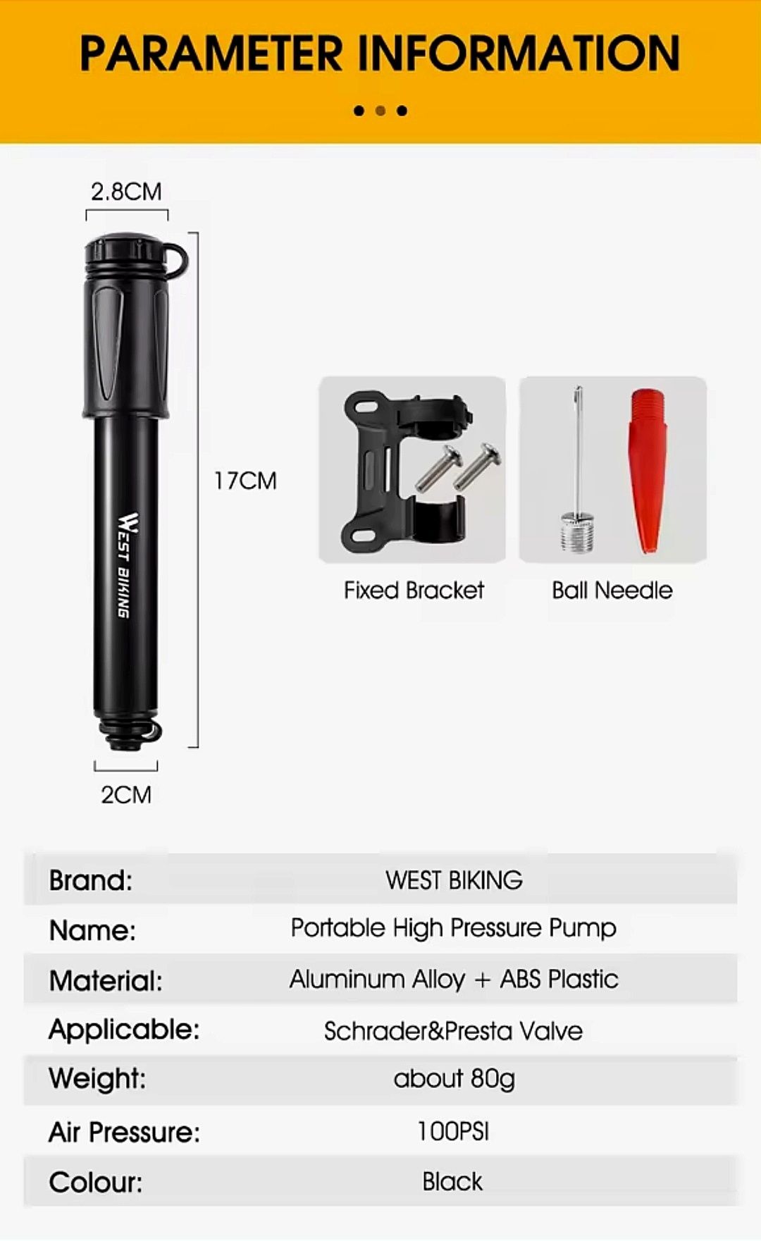 Pompka rowerowa West Biking Schrader/ Presta 100psi 17cm 80g Solidna