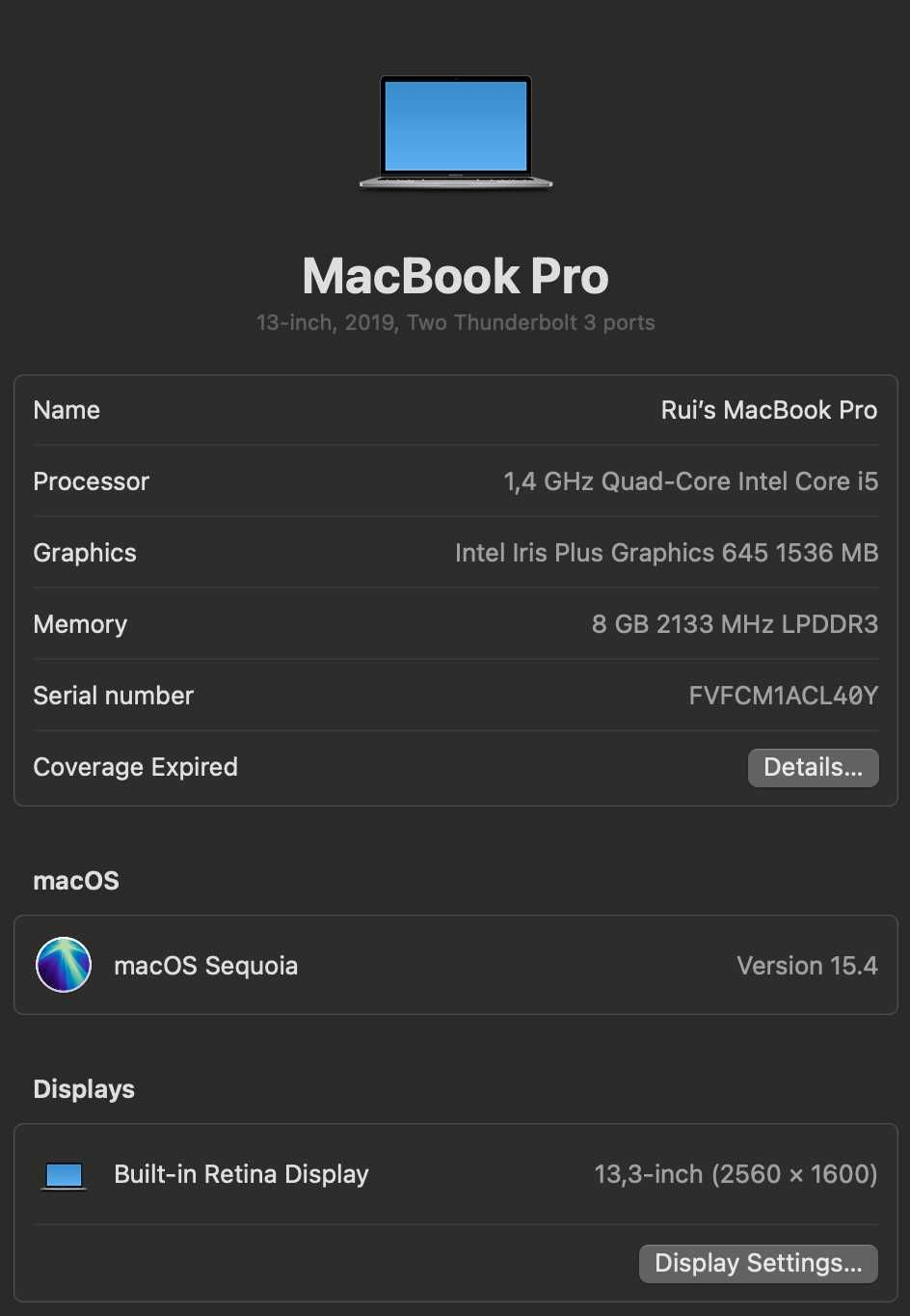 MacBook Pro 13" 2019 (8Gb RAM + 128Gb SSD)