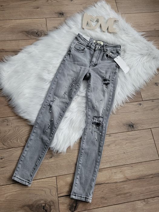 Szare spodnie M.Sara przetarcia diamenciki jeansy perełki