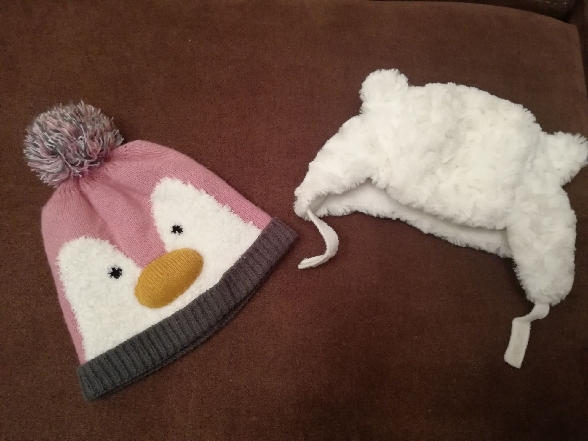 Белая тёплая шапка с ушками, шапка пингвин