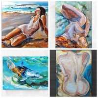 Распродажа рисунков маслом, картина масло пляж девушка море дельфин