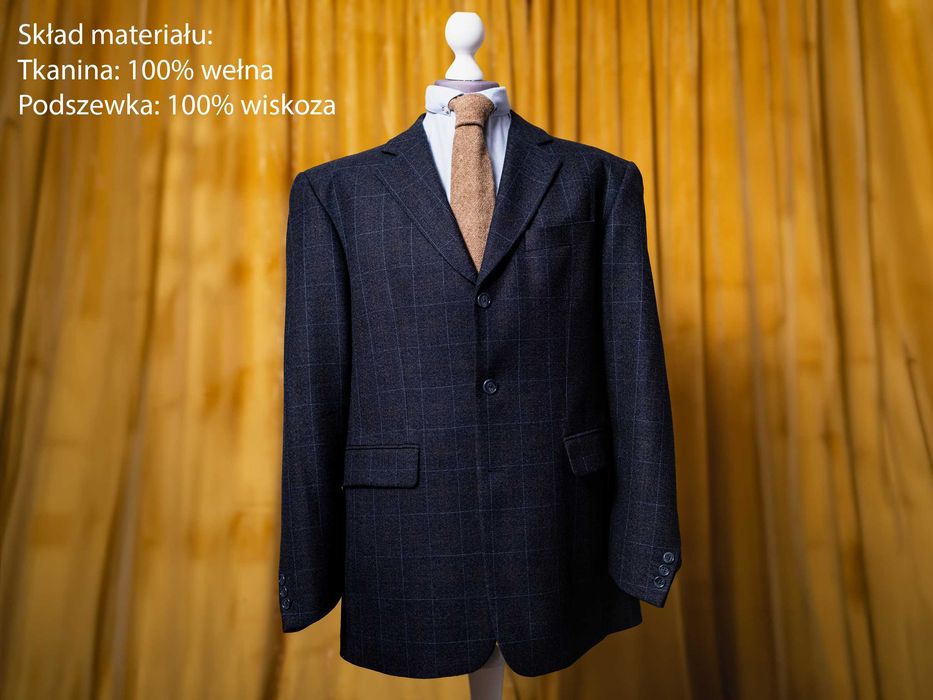 Marynarka Męska – 100% Wełna, Granatowa w Delikatną Kratę