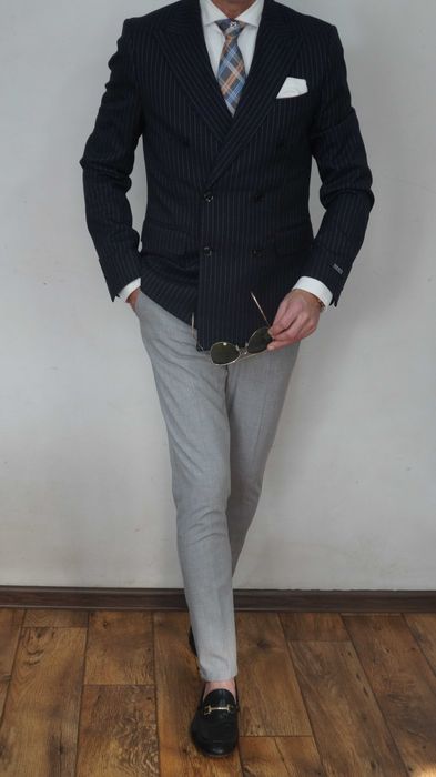 Marynarka dwurzędowa Gianni Feuraud Rozmiar 48 Kolor granatowy Prążki