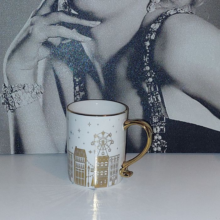 1zł Wysyłka Śliczny glamour kubek ceramiczny z motywem złotych domków