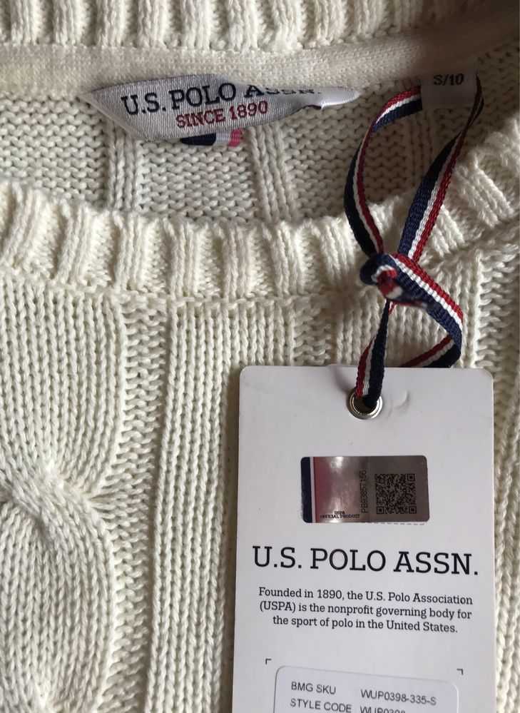 Sweterek U.S. Polo Assn., kremowy, splot warkocze, miła bawelna, M