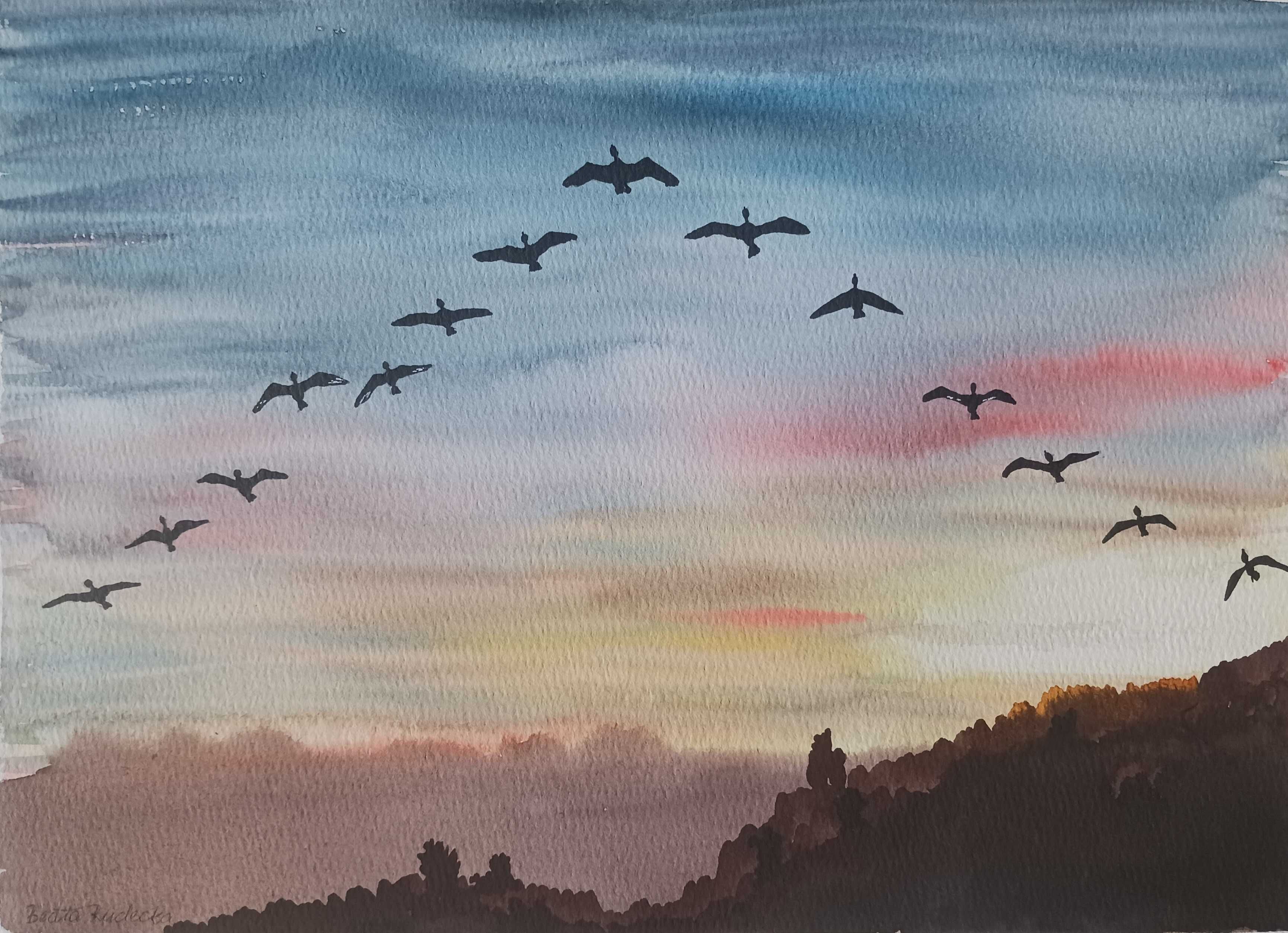 Akwarela Akwarelka Obraz pt. Klucz Gęsi 31 x 23 cm