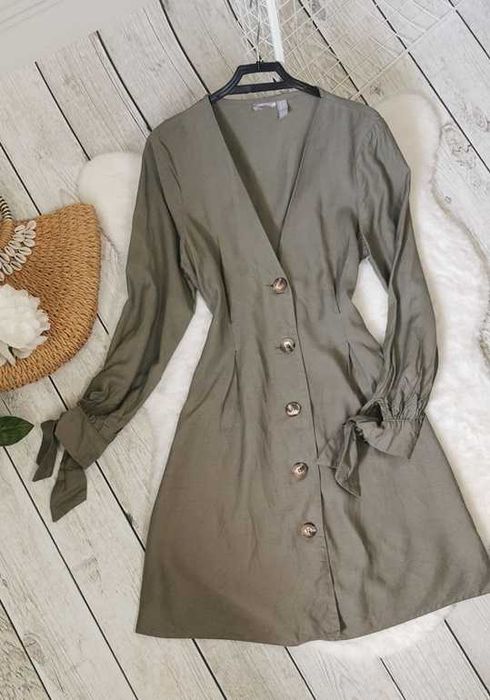 Asos Sukienka Khaki Koszulowa Wiskoza Len Guziki Boho Hippie Retro S