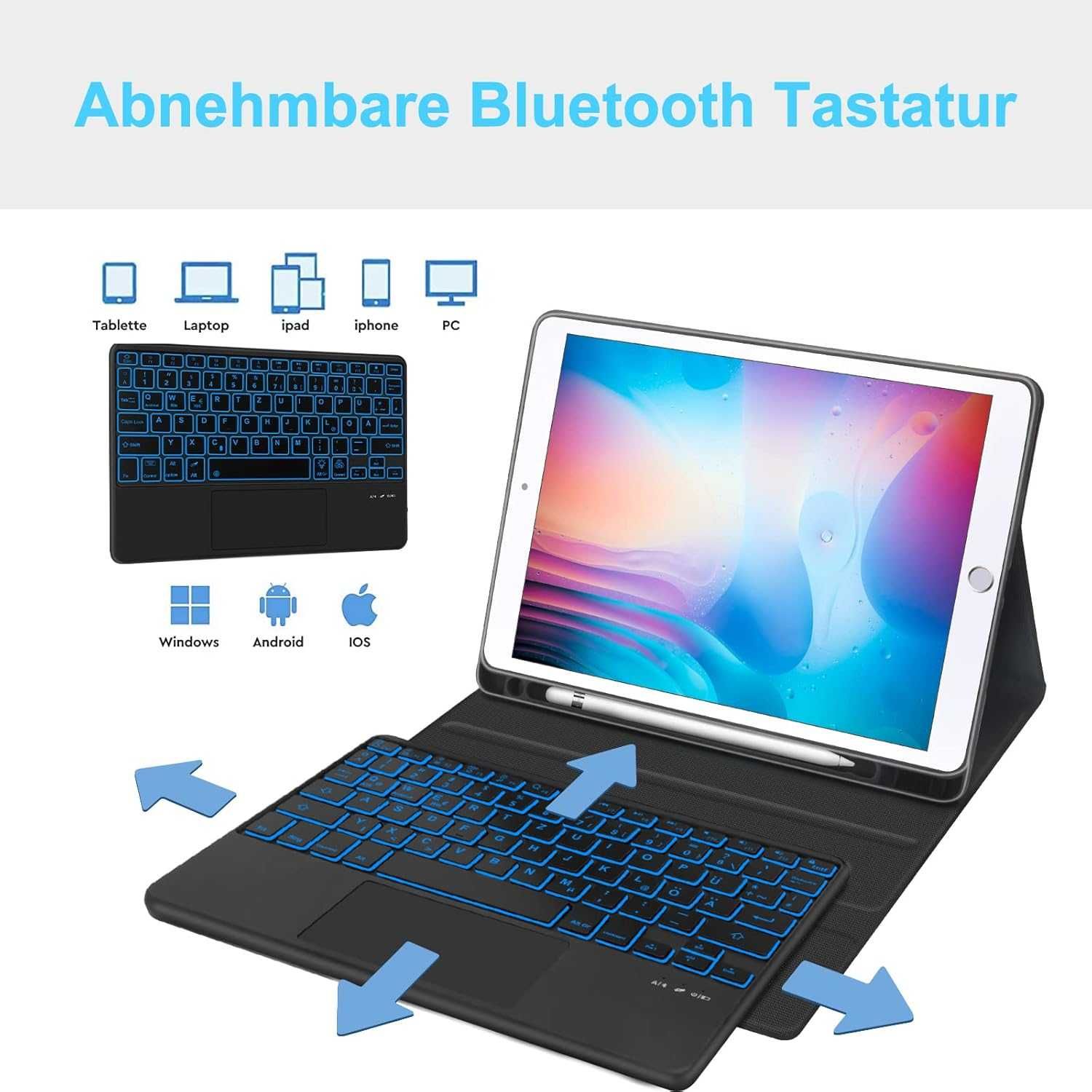 JADEMALL etui klawiatura touchpad LED RGB iPad 6/5 9,7'' Air 2 Air 1